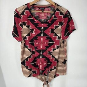 Lauren Ralph Lauren Shirt Women's XL Black Label Aztec Print Tie Front Red Brown